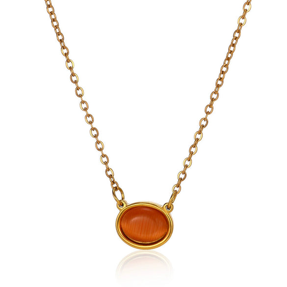 Oval Cat's Eye Pendant Stainless Steel Necklace With Mixed Gemstone Inlay Light Luxury Electroplating Design Unisex Clavicle Chain