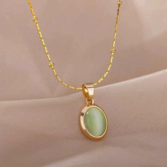 Oval Cat's Eye Pendant Stainless Steel Necklace With Mixed Gemstone Inlay Light Luxury Electroplating Design Unisex Clavicle Chain