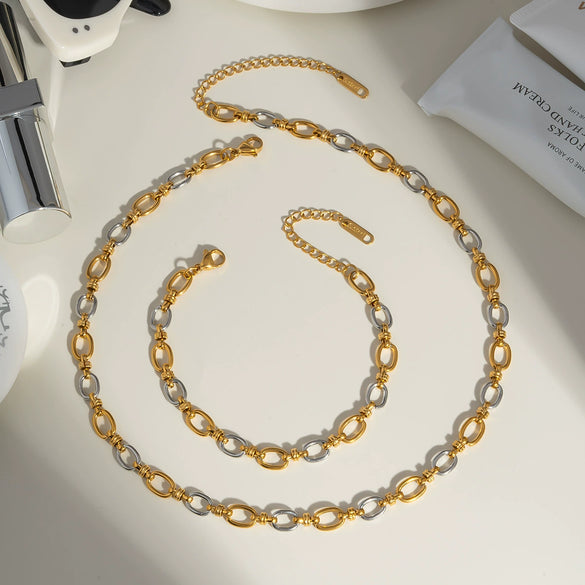 Oval Gold And Silver Color Matching Necklace Bracelet Suit Street Fashion Hip Hop O Word Chain Classic Stainless Steel Jewelry With Pvd Furnace Vacuum Real Gold Plating