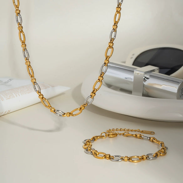 Oval Gold And Silver Color Matching Necklace Bracelet Suit Street Fashion Hip Hop O Word Chain Classic Stainless Steel Jewelry With Pvd Furnace Vacuum Real Gold Plating