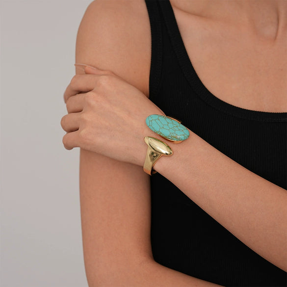 Oval Resin Turquoise Open Bracelet With Diamond Encrusted Alloy Electroplated Retro Exaggerated High End Fashion Bracelet