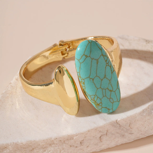 Oval Resin Turquoise Open Bracelet With Diamond Encrusted Alloy Electroplated Retro Exaggerated High End Fashion Bracelet
