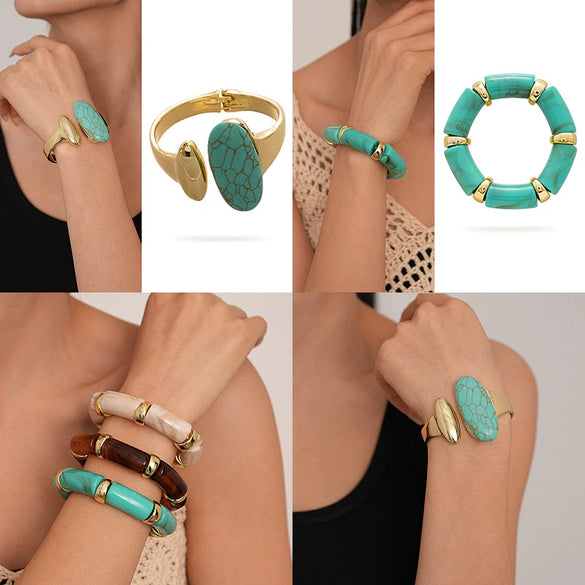 Oval Resin Turquoise Open Bracelet With Diamond Encrusted Alloy Electroplated Retro Exaggerated High End Fashion Bracelet