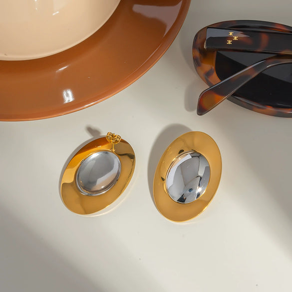 Oval Smooth Gold And Silver Color Matching Stainless Steel Earrings With Pvd Furnace Vacuum Real Gold Plating For Women Geometric Style