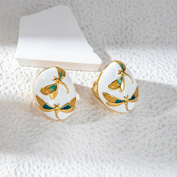 Oval Stainless Steel Dragonfly Ring Electroplated For Women Fashion Geometric Style