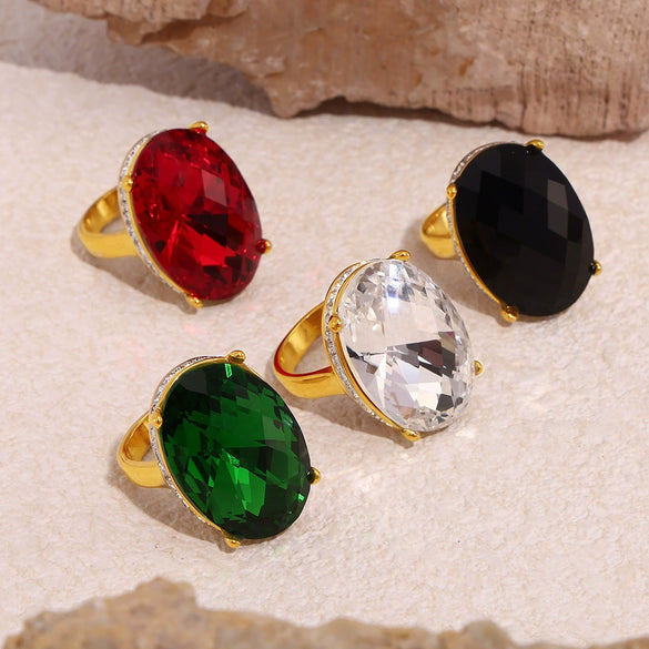 Oval Sticky Drill Glass 316L Stainless Steel 18K Gold Plated Retro Light Luxury Geometric Women's Ring