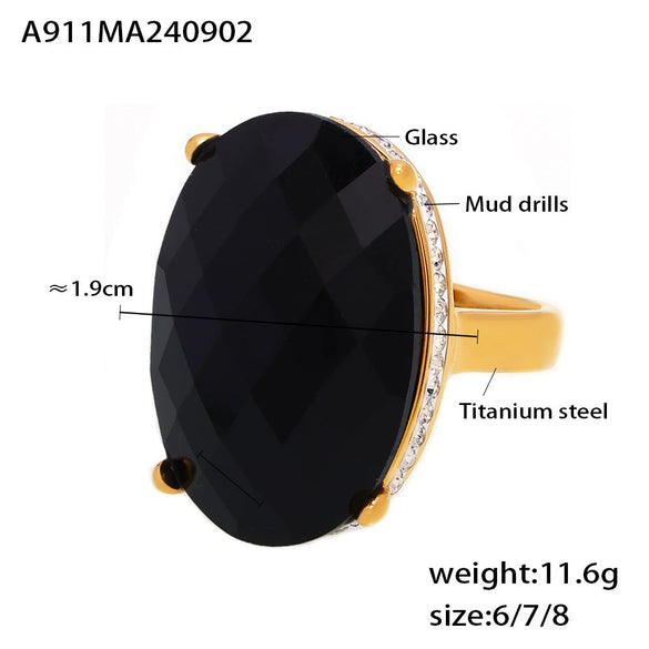 Oval Sticky Drill Glass 316L Stainless Steel 18K Gold Plated Retro Light Luxury Geometric Women's Ring