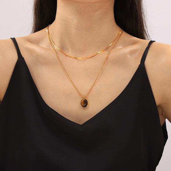 Oval Tiger Eye Pendant Blade Rice Beads Clavicle Chain For Women Double Stacked Wear Hip Hop Style Titanium Steel Gold Plated Geometric Design