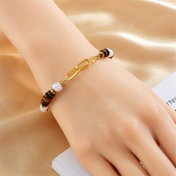 Oval Tiger Eye Woven Beaded Love Gem Pendant Stitching Bracelet In Maillard Style With Stainless Steel And Geometric Design Electroplated