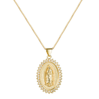 Oval Virgin Mary Statue Pendant Copper Necklace