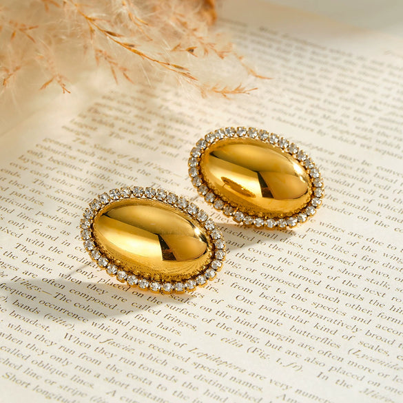 Oval Zircon Studded Stainless Steel Earrings For Women With Vacuum Electroplated Finish Simple Elegant Geometric Style