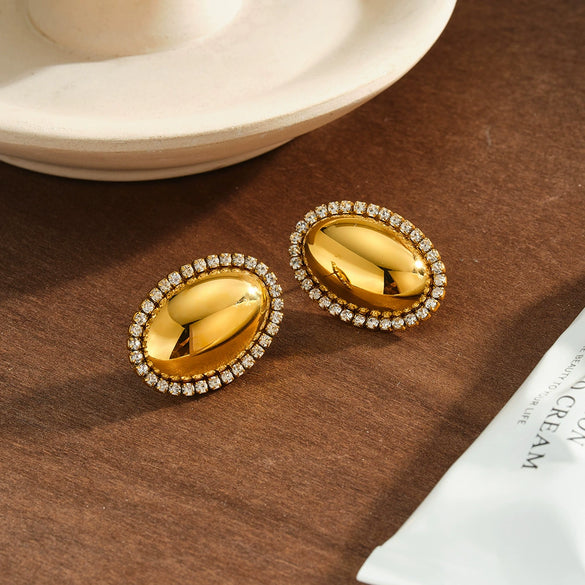 Oval Zircon Studded Stainless Steel Earrings For Women With Vacuum Electroplated Finish Simple Elegant Geometric Style