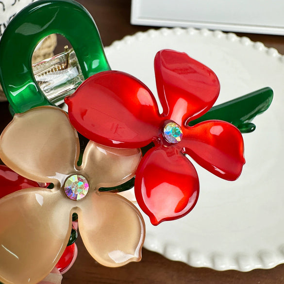 Oversized Acetic Acid Flower Hair Clip With Diamond Design For Women