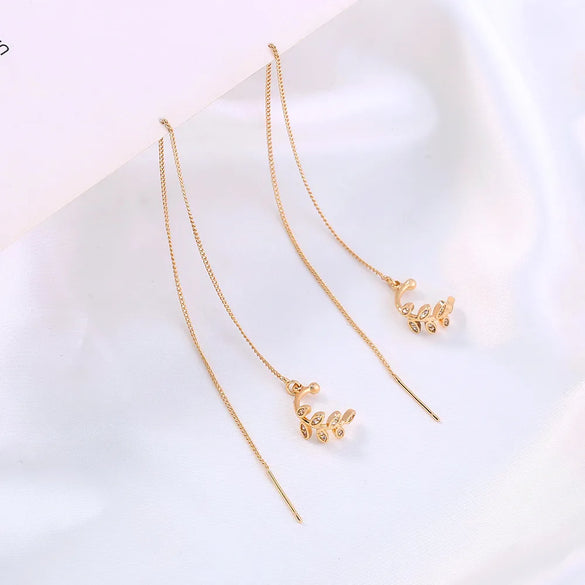 Pair Of New Fashion Copper Micro-Inlaid Zircon Branch Pendant Tassel Pierced Earrings