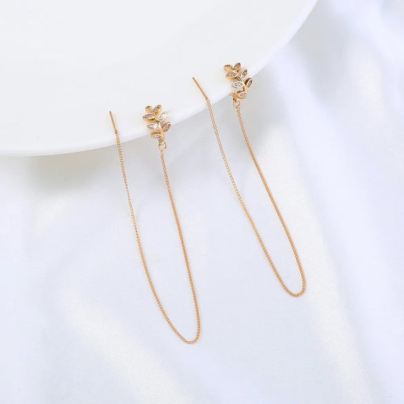 Pair Of New Fashion Copper Micro-Inlaid Zircon Branch Pendant Tassel Pierced Earrings