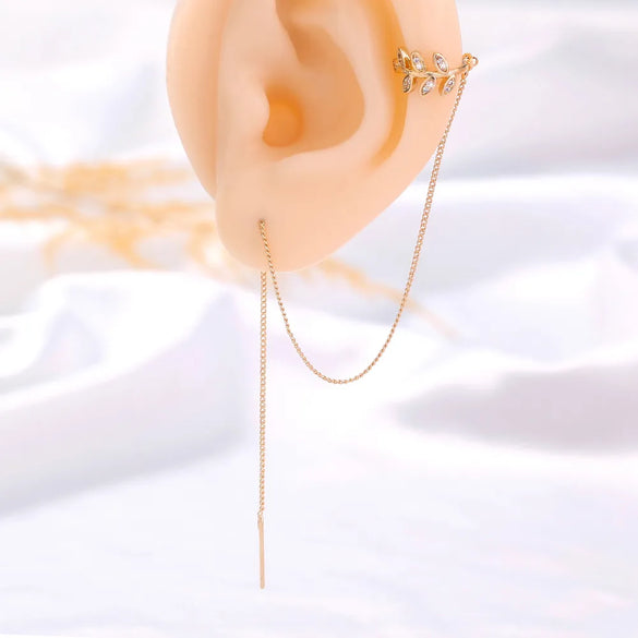Pair Of New Fashion Copper Micro-Inlaid Zircon Branch Pendant Tassel Pierced Earrings