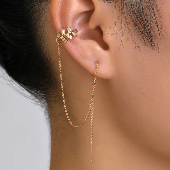 Pair Of New Fashion Copper Micro-Inlaid Zircon Branch Pendant Tassel Pierced Earrings