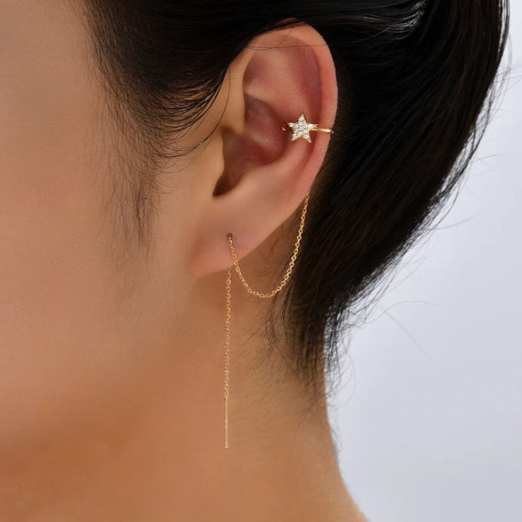 Pair Of New Fashion Copper Micro-Inlaid Zircon Branch Pendant Tassel Pierced Earrings