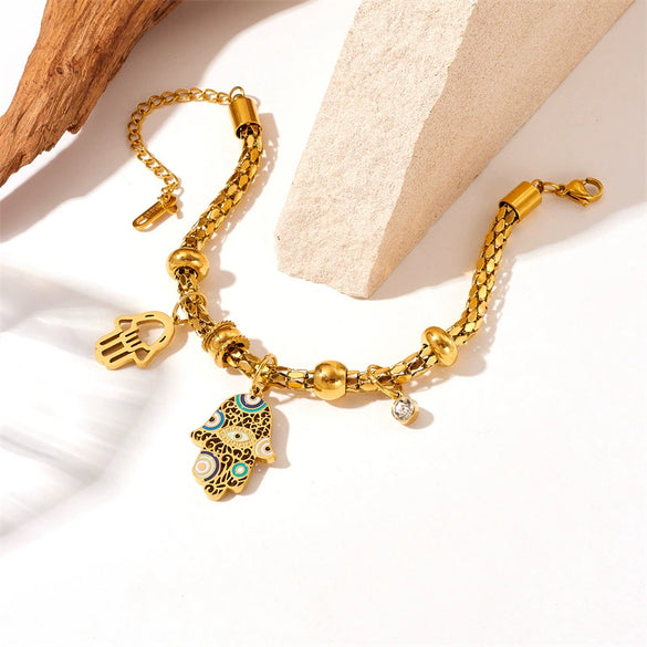 Palm Pendant Cylindrical Chain Bracelet Stainless Steel Goldplated Oil Dripping Pattern Women's