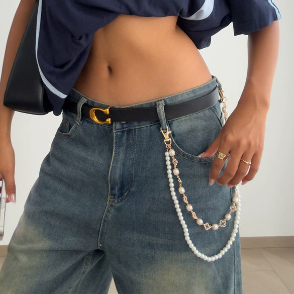 Pants Chain Hip Hop Style Imitation Pearl Floret Metal Chain With Cross Pendant And Lobster Clasp