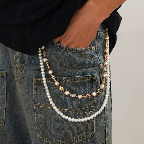 Pants Chain Hip Hop Style Imitation Pearl Floret Metal Chain With Cross Pendant And Lobster Clasp