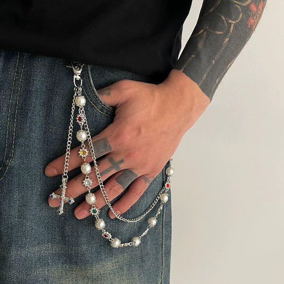 Pants Chain Hip Hop Style Imitation Pearl Floret Metal Chain With Cross Pendant And Lobster Clasp