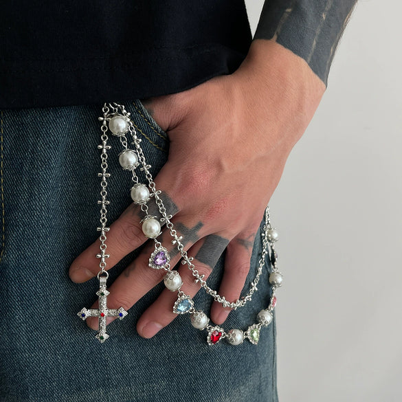 Pants Chain Hip Hop Style Imitation Pearl Floret Metal Chain With Cross Pendant And Lobster Clasp