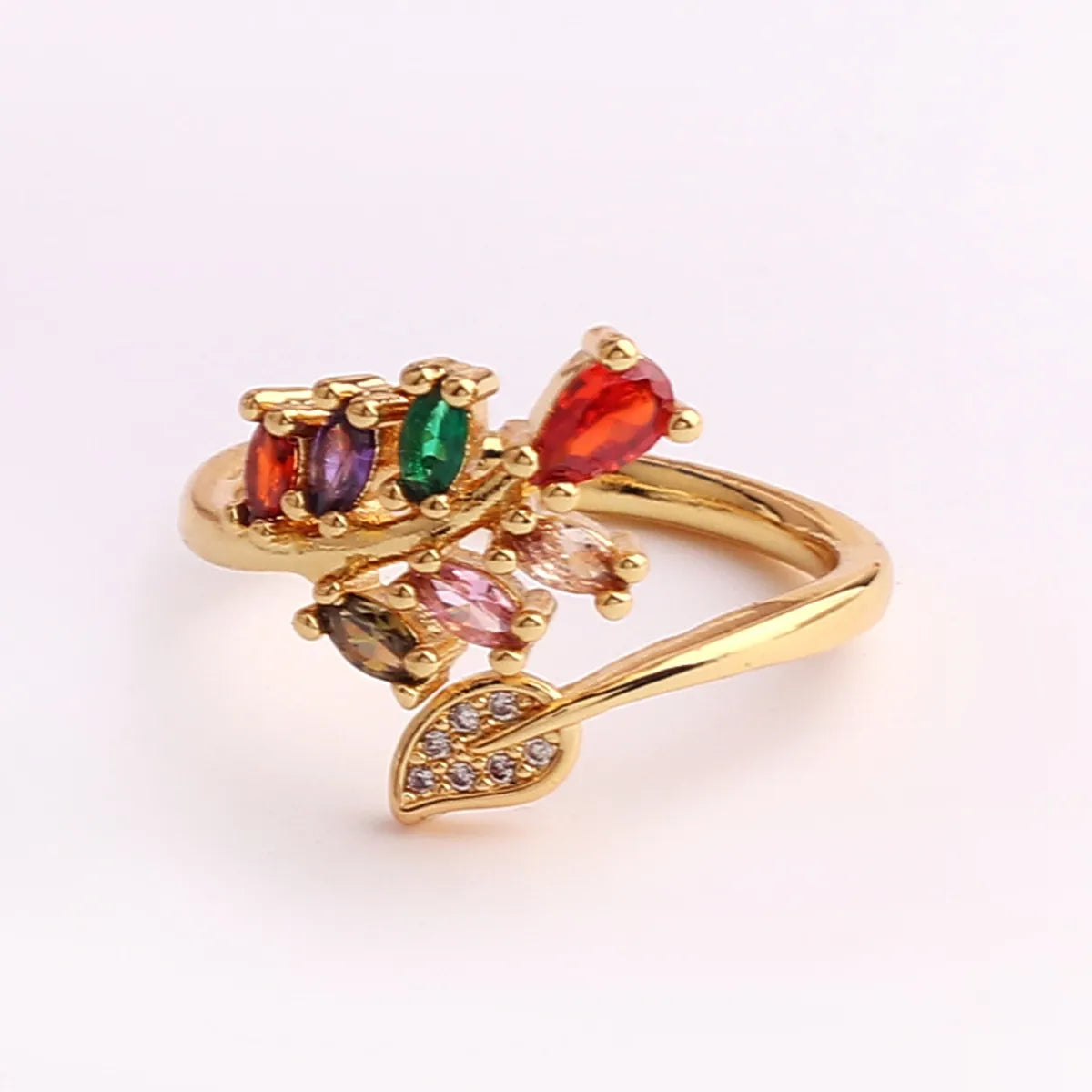 Pastoral Flower Copper Plating Inlay Zircon Open Ring 1 Piece