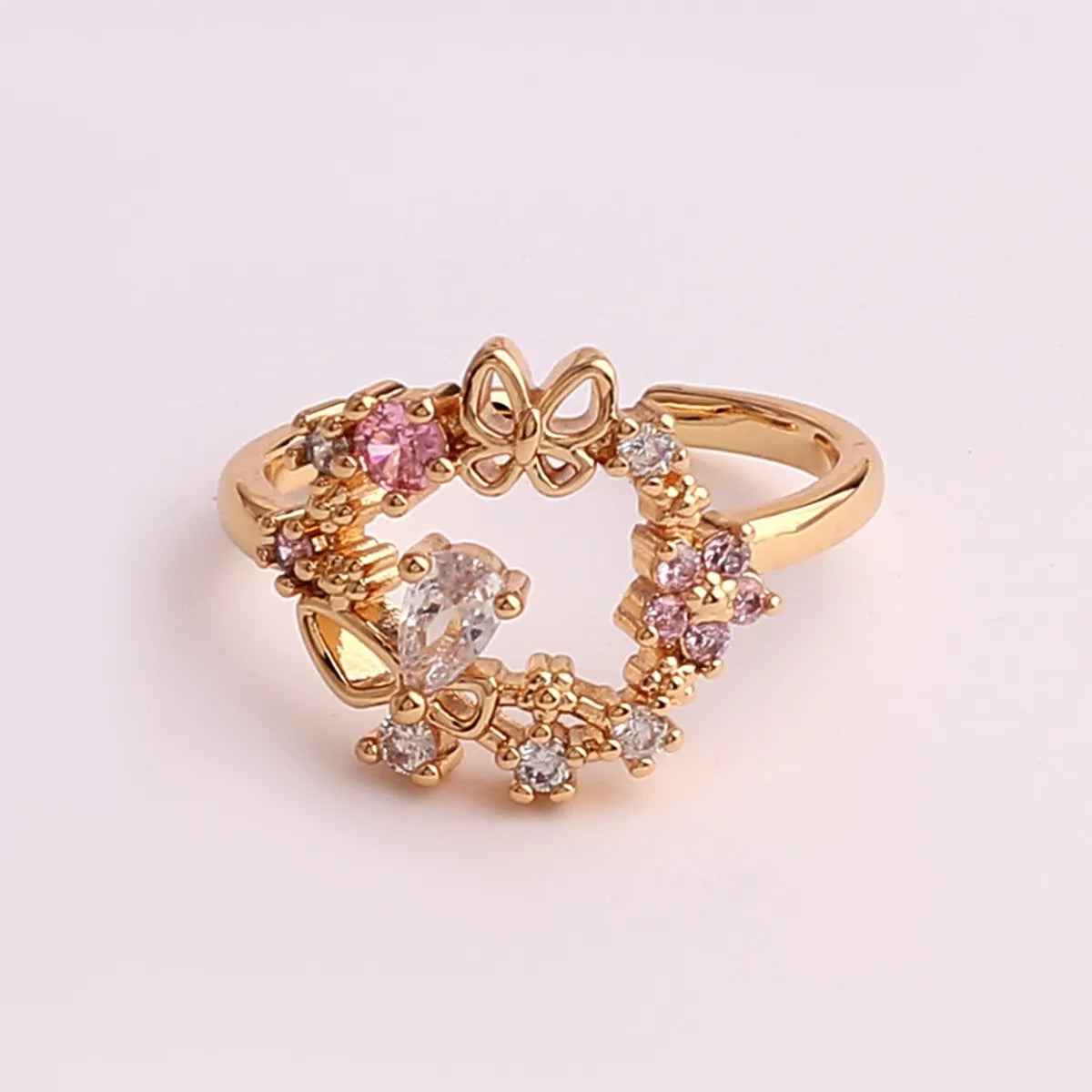 Pastoral Flower Copper Plating Inlay Zircon Open Ring 1 Piece