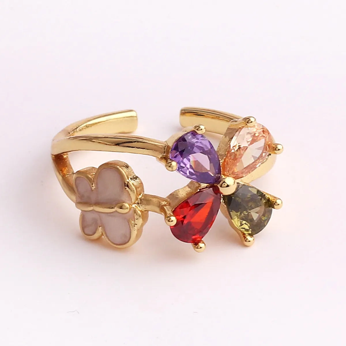 Pastoral Flower Copper Plating Inlay Zircon Open Ring 1 Piece