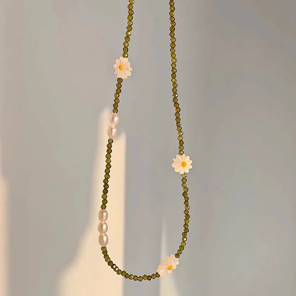 Pastoral Geometric Daisy Freshwater Pearl Sterling Silver Beaded Women'S Necklace