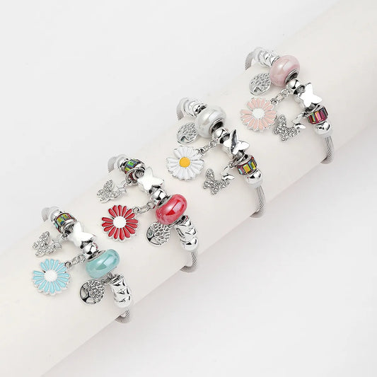 Pastoral Life Tree Butterfly Daisy 304 Stainless Steel Alloy Plastic Wholesale Bangle