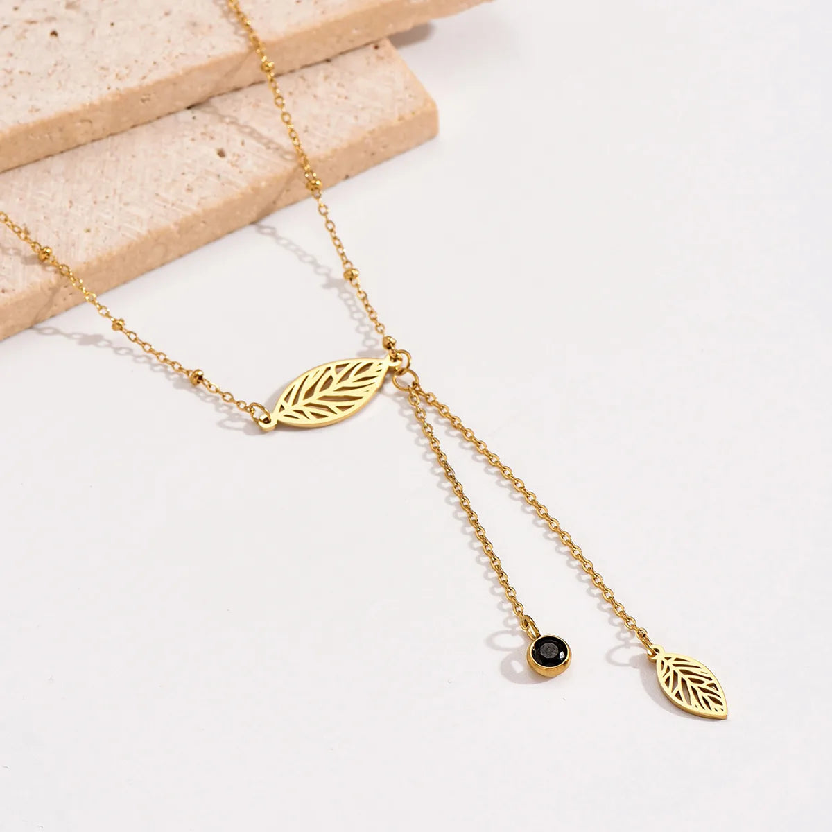 Pastoral Simple Style Leaves Stainless Steel Polishing Plating Inlay Rhinestones 14k Gold Plated Necklace