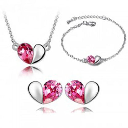 Peach Heart Crystal Pendant Necklace Bracelet Ring Stud Earrings Four-Piece Set