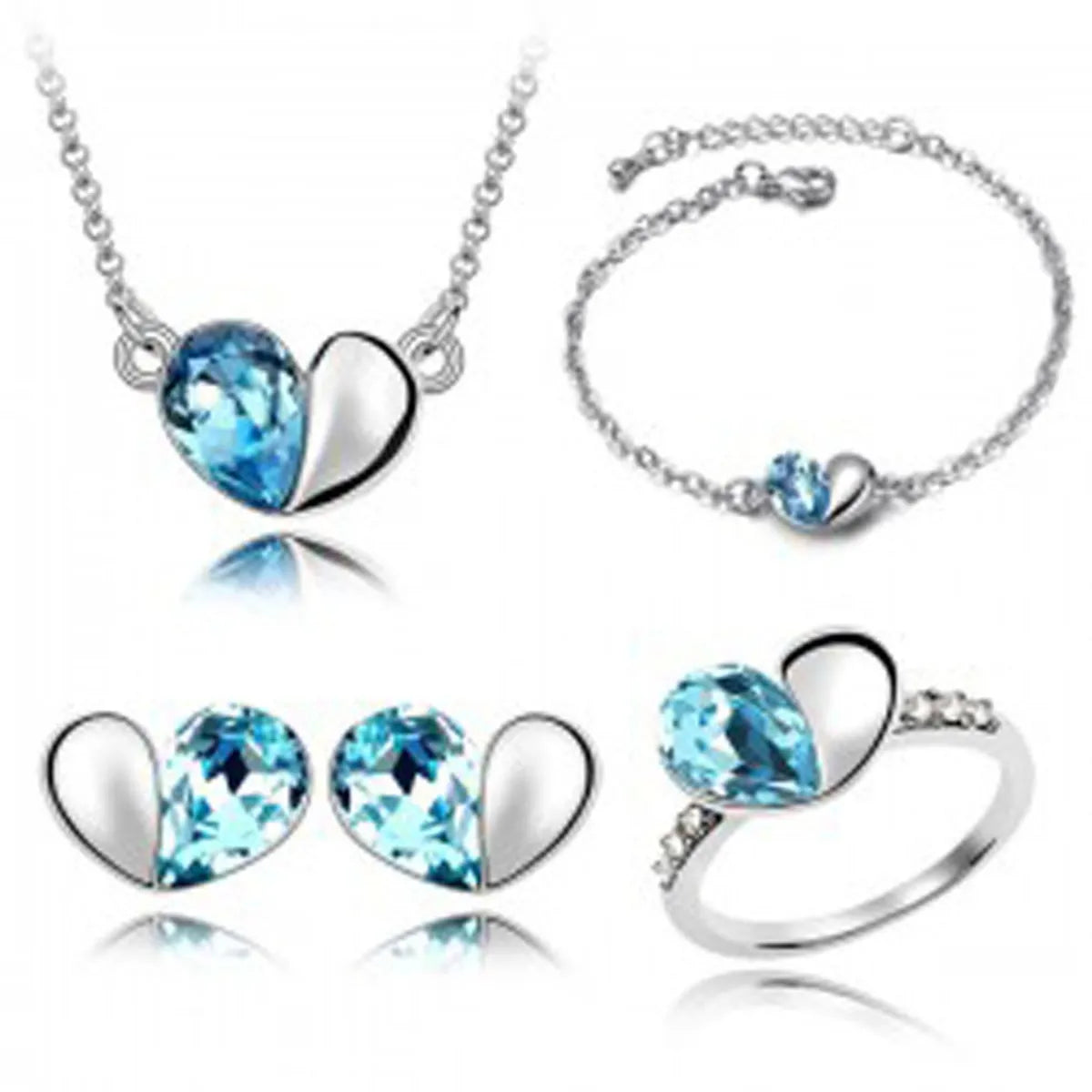 Peach Heart Crystal Pendant Necklace Bracelet Ring Stud Earrings Four-Piece Set