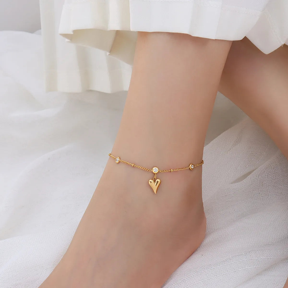 Peach Heart Titanium Steel Plated 18k Gold Zircon Anklet Wholesale Jewelry Gooddiy