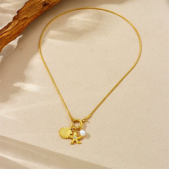 Pearl Accessories Starfish Scallop Pendant Stainless Steel Gold Plated Necklace With Snake Bone Chain Fashion Animal Style