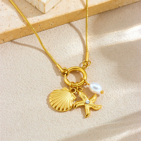 Pearl Accessories Starfish Scallop Pendant Stainless Steel Gold Plated Necklace With Snake Bone Chain Fashion Animal Style