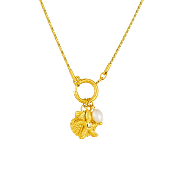 Pearl Accessories Starfish Scallop Pendant Stainless Steel Gold Plated Necklace With Snake Bone Chain Fashion Animal Style