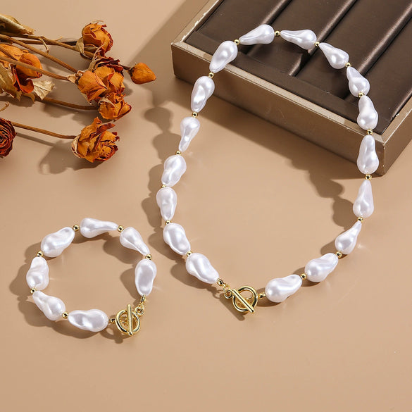 Pearl Alloy Jewelry With Starfish Shell And Marine Organisms Pattern Necklace Bracelet Set For Women Electroplated