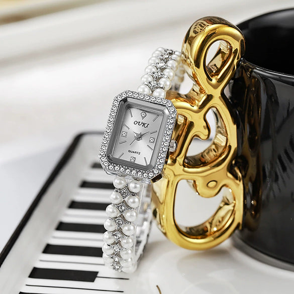 Pearl Alloy Rectangle Pendant Bracelet Watch For Women With Middle Ancient Fragrant Style
