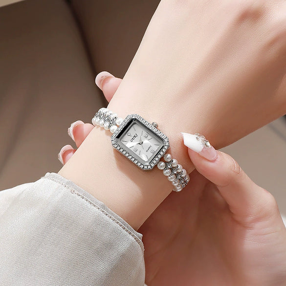 Pearl Alloy Rectangle Pendant Bracelet Watch For Women With Middle Ancient Fragrant Style