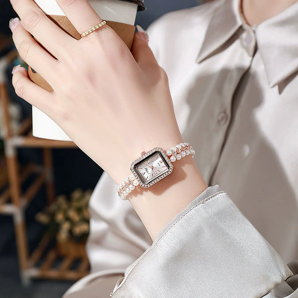 Pearl Alloy Rectangle Pendant Bracelet Watch For Women With Middle Ancient Fragrant Style
