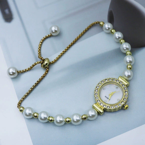 Pearl Alloy Women's Round Dial Fashionable Bracelet Watch With Spiral Crown And Stainless Steel Onepiece Buckle