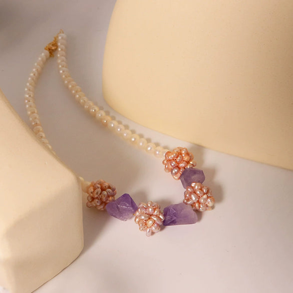 Pearl Amethyst Flower Ball Necklace Natural Freshwater Pearl 18K Gold