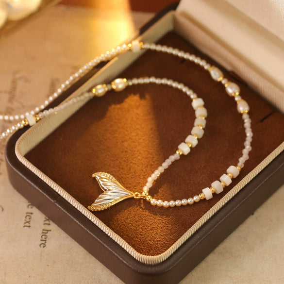 Pearl And Alloy Necklace Geometric Style Electroplated Copper Asymmetrical Fishtail Design For Women