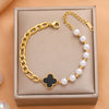 Pearl And Artificial Crystal Fourleaf Clover Bracelet Titanium Steel Vacuum Electroplated For Women And Unisex