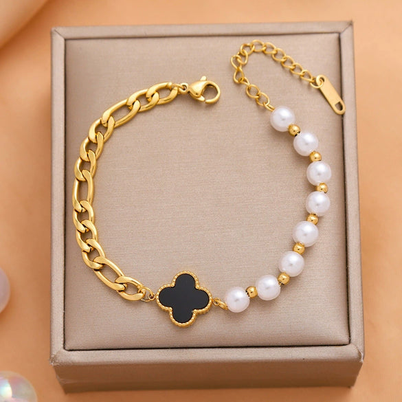 Pearl And Artificial Crystal Fourleaf Clover Bracelet Titanium Steel Vacuum Electroplated For Women And Unisex