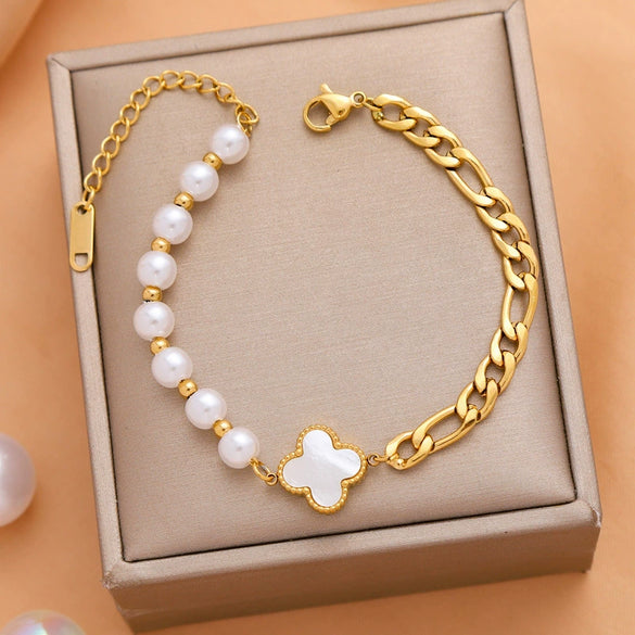 Pearl And Artificial Crystal Fourleaf Clover Bracelet Titanium Steel Vacuum Electroplated For Women And Unisex