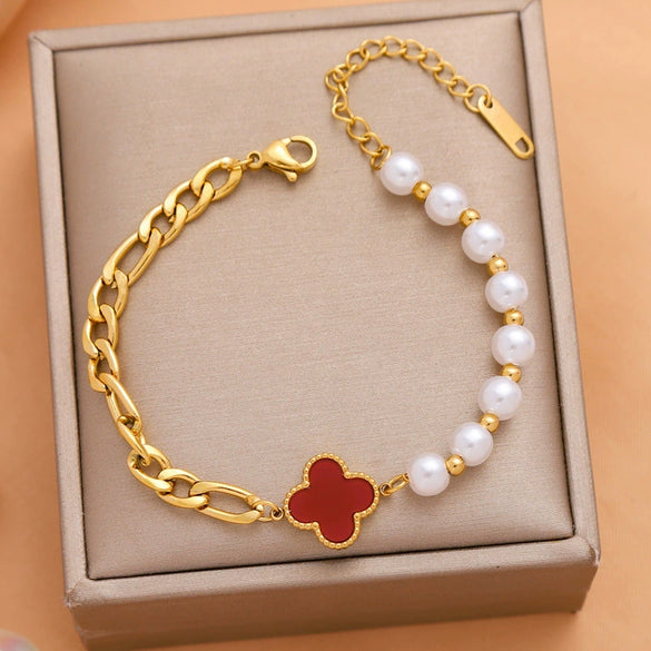 Pearl And Artificial Crystal Fourleaf Clover Bracelet Titanium Steel Vacuum Electroplated For Women And Unisex